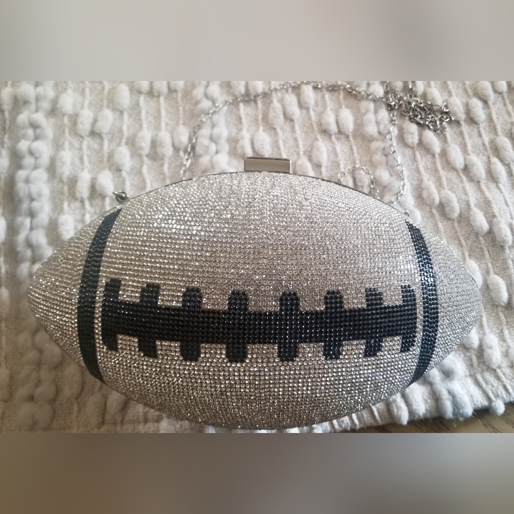 Crystal Rhinestone Football Bag in Silver and Black With Chain - Picture 3 of 3